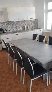 een keuken met een grote tafel en stoelen bij Rockys Ferienwohnung Mitte in Markkleeberg