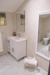 uma casa de banho com um lavatório, um espelho e um WC. em Kadima Safari Lodge em Hoedspruit