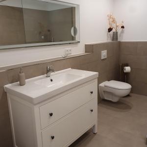 een badkamer met een witte wastafel en een toilet bij Ferienwohnung an der Trave in Bad Segeberg