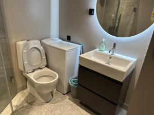 a bathroom with a toilet and a sink and a mirror at Apartment in Sollentuna Centrum 1205 in Sollentuna