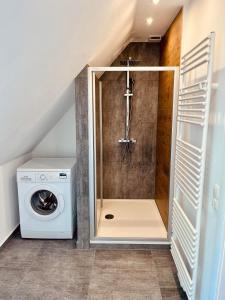 a shower in a bathroom with a washer and dryer at Heideglück an der Rotbuche in Soltau