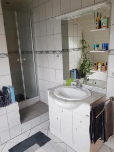 a bathroom with a sink and a shower at Ferienwohnung Hedi in Mertloch