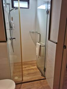 eine Dusche im Bad mit einer Duschkabine aus Glas in der Unterkunft Greatwood Residence at Devonshire in Singapur