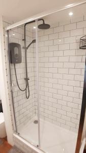 a shower with a glass door in a bathroom at Puffin Place,Lloyd House in Haverfordwest