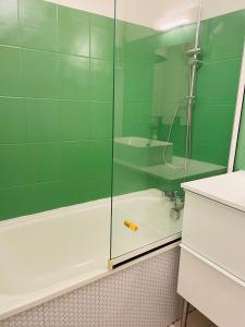 bagno con doccia e porta in vetro di Appartement avec jardin (25min DisneyLand Paris) a Chennevières-sur-Marne