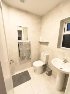 a white bathroom with a toilet and a sink at Entire Cozy Guest house in Galway
