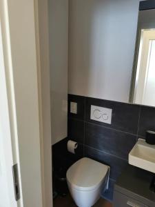 a bathroom with a toilet and a sink and a mirror at Z8 Living in Hannover