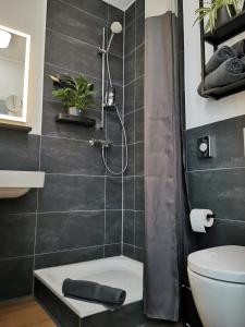 a bathroom with a shower and a toilet at Z8 Living in Hannover