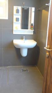 ein Badezimmer mit einem weißen Waschbecken und einem Spiegel in der Unterkunft Luxury Loft Apartment in Kuwait