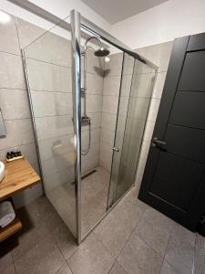 a shower with a glass door in a bathroom at Belvedere Restaurant & Rooms in Topliţa