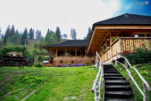 a log cabin with stairs leading to a house at La Tarani in Vatra Dornei