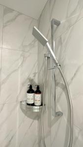 a shower with a glass shelf and a shower head at Walking Distance to Riverside Market & Hospital in Christchurch