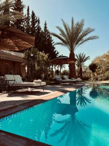 a swimming pool with chairs and umbrellas in a resort at Kasbah des cyprès in Skoura