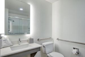 a bathroom with a toilet and a sink and a mirror at Holiday Inn Express Hotel & Suites Columbia-I-20 at Clemson Road by IHG in Columbia +31 photos