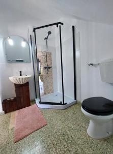 ein Bad mit einer Dusche, einem WC und einem Waschbecken in der Unterkunft Hakuna matata in Benagil