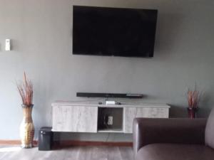 a living room with a flat screen tv on a wall at Tshifaro Gardens in Thohoyandou