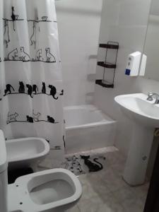 a bathroom with a toilet and a sink and a shower curtain at EL ESTABLO - Casa de Campo Vacacional con pileta privada - Jujuy in San Salvador de Jujuy