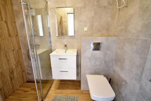 a bathroom with a toilet and a sink and a shower at SAND Sarbinowo in Sarbinowo