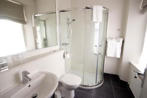 a bathroom with a shower and a toilet and a sink at The Martello Hotel in Bray