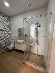 a bathroom with a shower and a toilet at HOTEL AMSTERDAM in Batumi