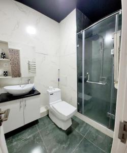 タシュケントにあるCozy New Apartment in a Quite Neighborhoodのトイレ、シャワー、洗面台を備えたバスルーム