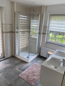 a bathroom with a shower and a sink at Pension Quellenhof in Wegberg