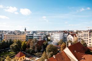 an aerial view of a city with buildings at Pytloun Boutique Hotel Prague in Prague