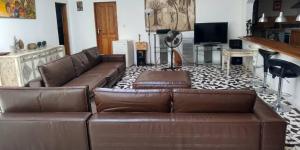 sala de estar con 2 sofás de cuero marrón en Contany Counda, en Abémé