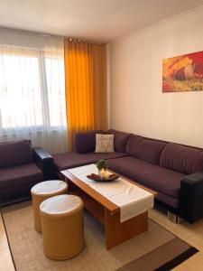 a living room with a couch and a coffee table at Grand Monastery Private Apartments in Pamporovo