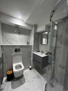 y baño con aseo, lavabo y ducha. en Flat in London en Londres