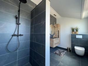 een badkamer met een douche en een toilet bij FeelzFree by Reggehoeve in Hellendoorn