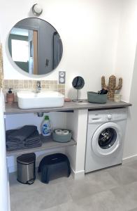 a bathroom with a sink and a washing machine at Gîte D'à Côté, 5 mn du Zoo de Beauval in Seigy