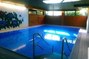a large swimming pool with blue water in a room at Ferienwohnung am Weissensee mit Pool,Sauna in Füssen