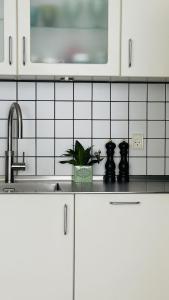 La cuisine est équipée de placards blancs et d'un évier avec une plante en pot. dans l'établissement ApartmentInCopenhagen Apartment 1574, à Copenhague