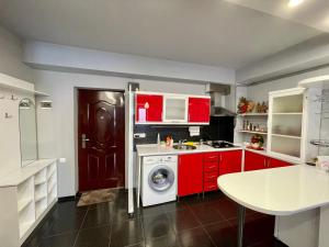 a kitchen with red cabinets and a washing machine at Daily Rental Apartment 12 in Tsaghkadzor