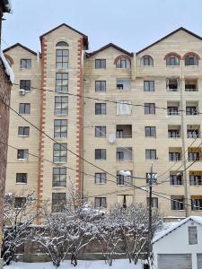 ツァグカゾールにあるDaily Rental Apartment 12の大きなアパートメントで、目の前に雪が降っています。