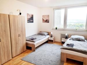 1 Schlafzimmer mit 2 Betten und einem Fenster in der Unterkunft Main Apartments in Hattersheim in Hattersheim