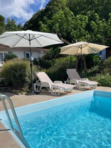 two chairs and umbrellas next to a swimming pool at Le Pre du Moulin in Courniou