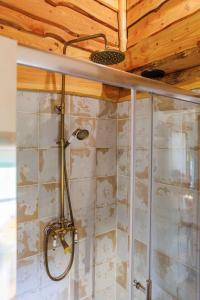 a shower in a bathroom with a wooden ceiling at Patsys Cottage 415 in Rusheeny