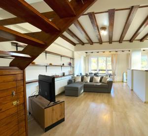 a living room with a couch and a tv at Mountain Escape Loft in Buşteni