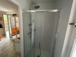 a bathroom with a shower with a glass shower stall at Le Pre du Moulin in Courniou