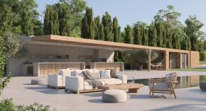 a pavilion with white couches and a table and chairs at Villa Merilen in Develíkia