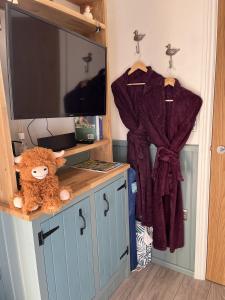 a teddy bear sitting on a cabinet in a room at Close to Nature Easy to Find shepherd's hut in North Molton