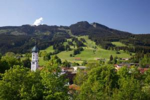 a building in the middle of a valley with trees at Haus Miller in Nesselwang