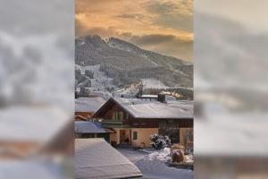 a house covered in snow with mountains in the background at Haus Miller in Nesselwang