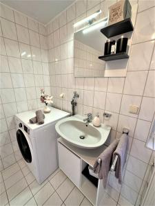 uma casa de banho branca com um lavatório e uma máquina de lavar roupa em BIG Apartment for YOUR DREAM Vacation Bavarian Forest + NETFLIX em Schöfweg