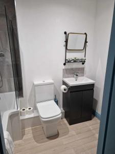a bathroom with a toilet and a sink and a mirror at The Coastal Hideaway in Bridlington
