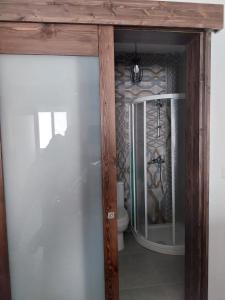 a bathroom with a toilet and a glass door at St gaetans studio apartment 6A in Tas-Samra
