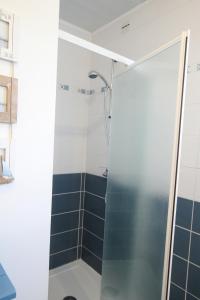 W łazience znajduje się prysznic ze szklanymi drzwiami. w obiekcie Le gite des marais w mieście Auvers