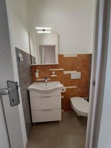a bathroom with a white sink and a toilet at Appartamento Torre Pedrera Rimini in Rimini